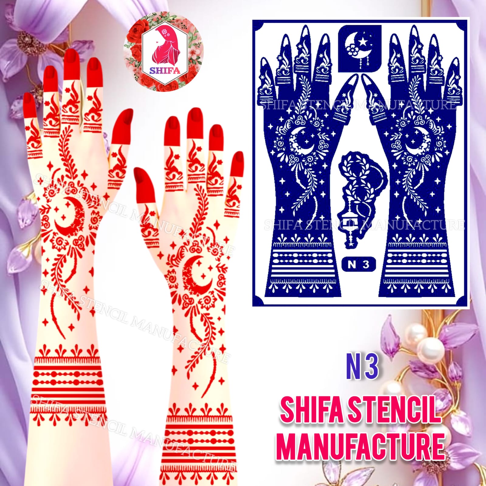 N 3 Celestial Crescent Cascade Sticker Overview Henna Stencil - Shifa Stencil